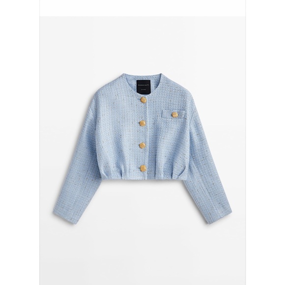 Massimo Dutti Jackets & Blazers - Massimo Dutti Light Blue & Gold Cropped Tweed Blazer with Gold Buttons